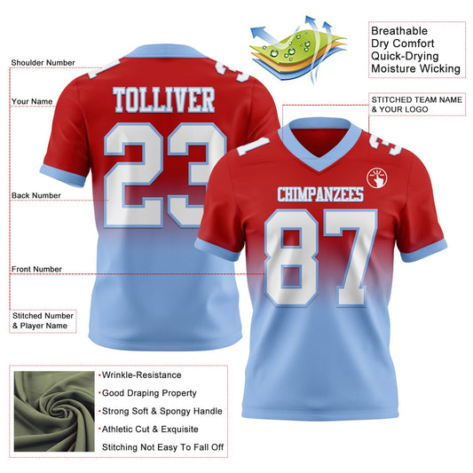 Custom Red White-Light Blue Mesh Authentic Fade Fashion Football Jersey - Sky-Custom