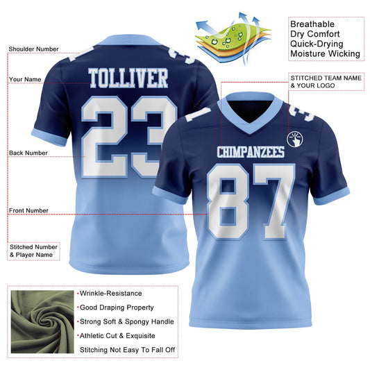 Custom Navy White-Light Blue Mesh Authentic Fade Fashion Football Jersey - Sky-Custom