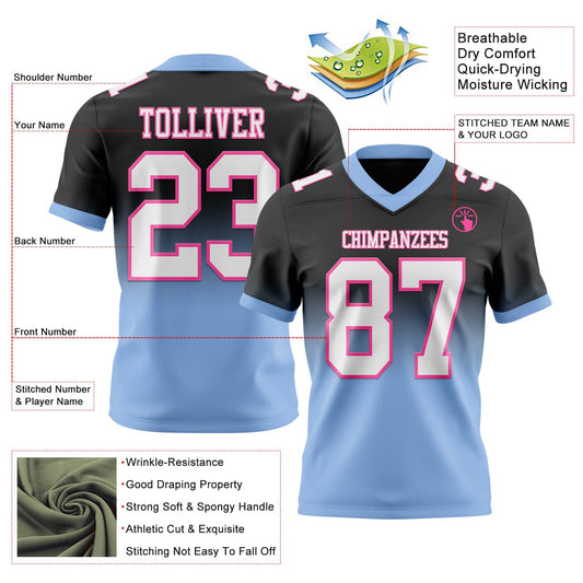 Custom Black White Light Blue-Pink Mesh Authentic Fade Fashion Football Jersey - Sky-Custom