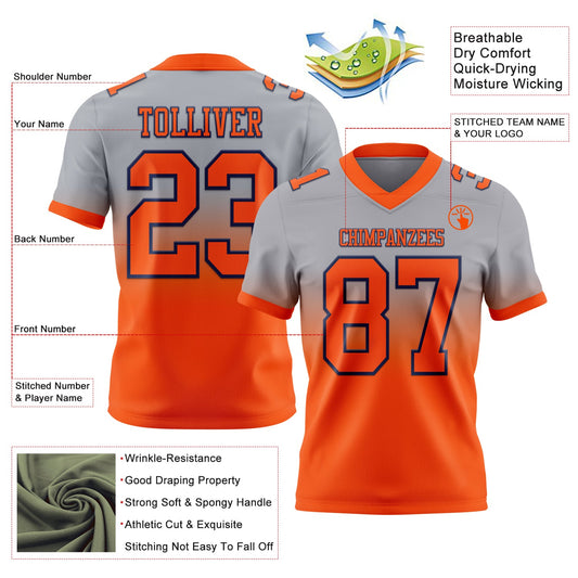 Custom Gray Orange-Navy Mesh Authentic Fade Fashion Football Jersey - Sky-Custom