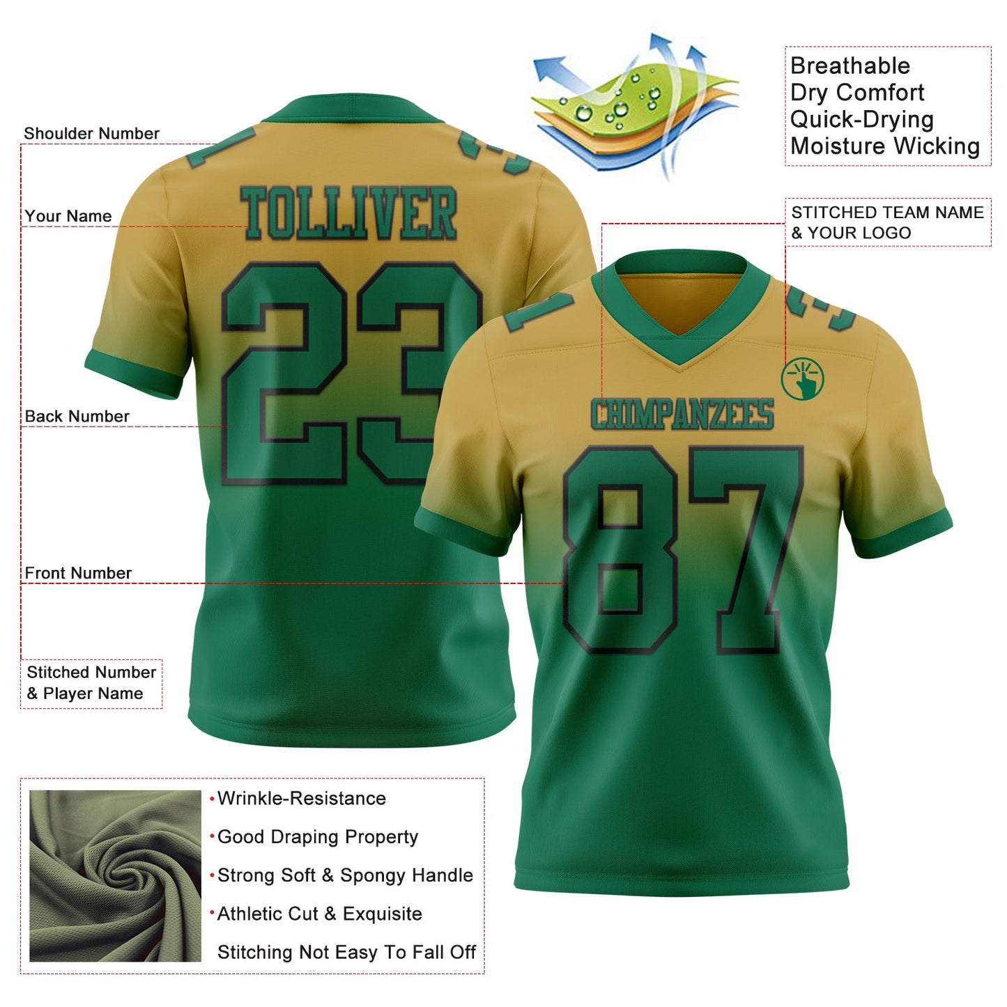 Custom Old Gold Kelly Green-Black Mesh Authentic Fade Fashion Football Jersey - Sky-Custom