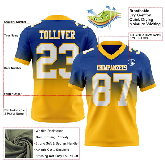 Custom Royal White-Gold Mesh Authentic Fade Fashion Football Jersey - Sky-Custom