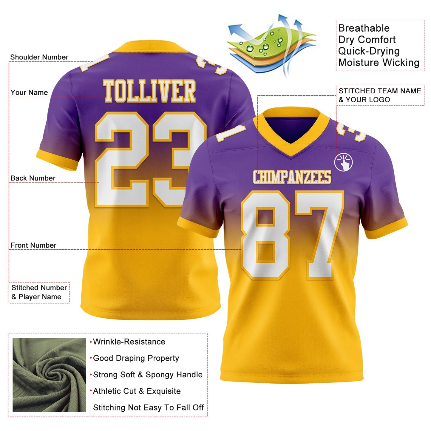 Custom Purple White-Gold Mesh Authentic Fade Fashion Football Jersey - Sky-Custom