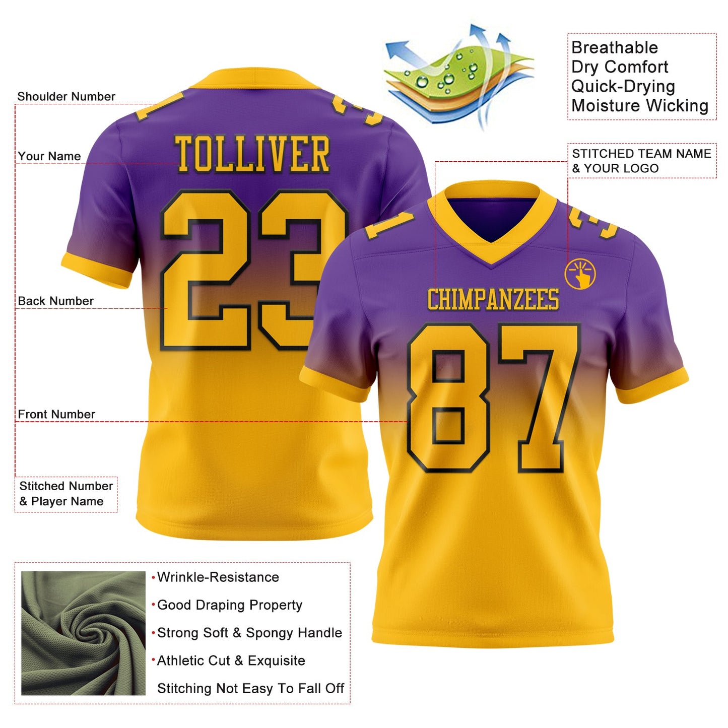 Custom Purple Gold-Black Mesh Authentic Fade Fashion Football Jersey - Sky-Custom