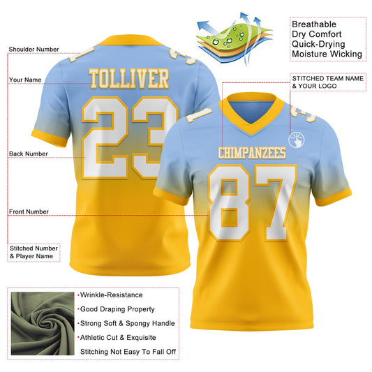 Custom Light Blue White-Gold Mesh Authentic Fade Fashion Football Jersey - Sky-Custom