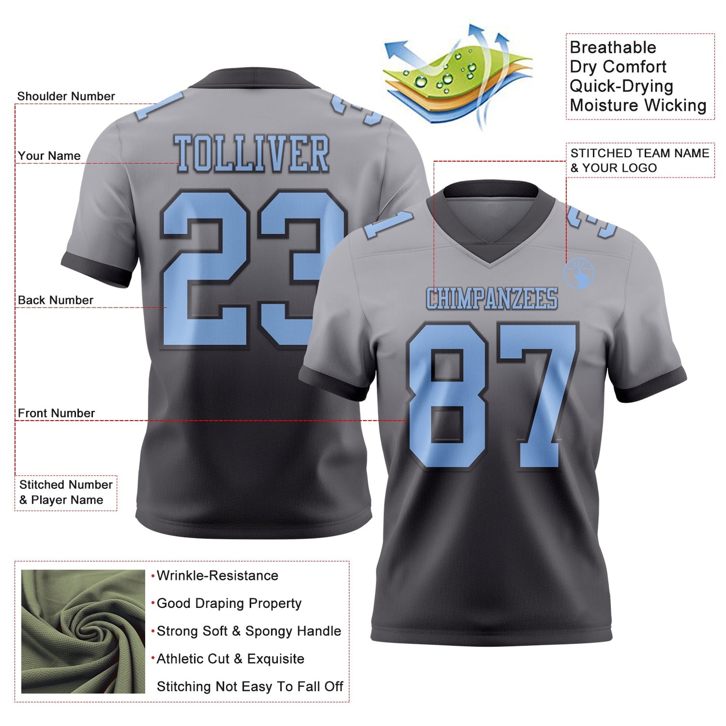Custom Gray Light Blue-Steel Gray Mesh Authentic Fade Fashion Football Jersey - Sky-Custom