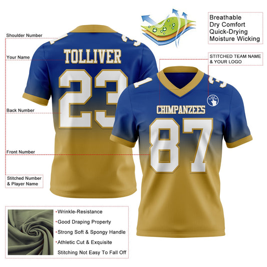 Custom Royal White-Old Gold Mesh Authentic Fade Fashion Football Jersey - Sky-Custom