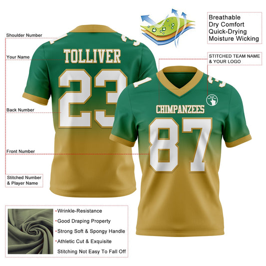 Custom Kelly Green White-Old Gold Mesh Authentic Fade Fashion Football Jersey - Sky-Custom