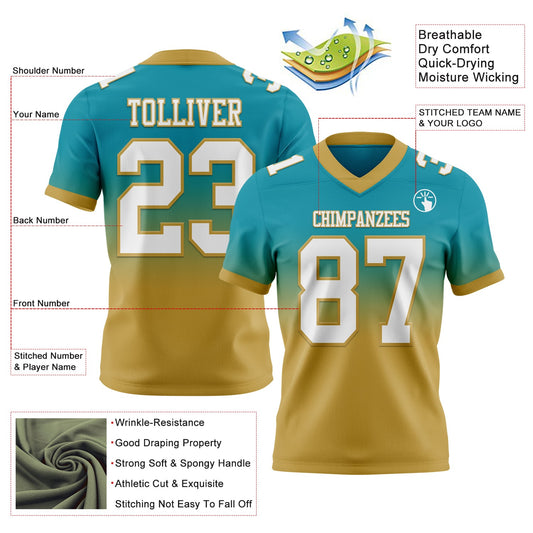 Custom Teal White-Old Gold Mesh Authentic Fade Fashion Football Jersey - Sky-Custom