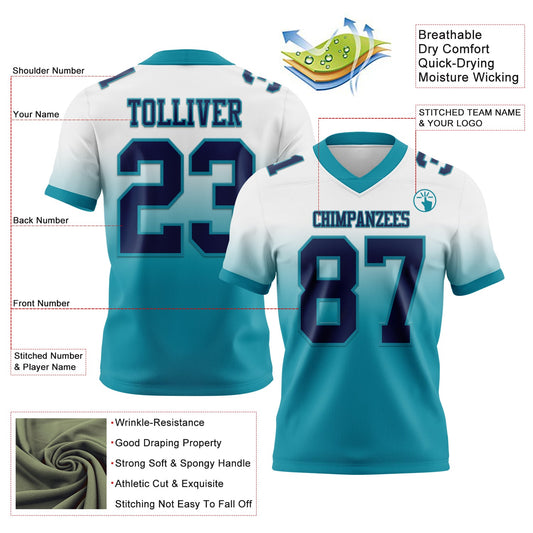 Custom White Navy-Teal Mesh Authentic Fade Fashion Football Jersey - Sky-Custom