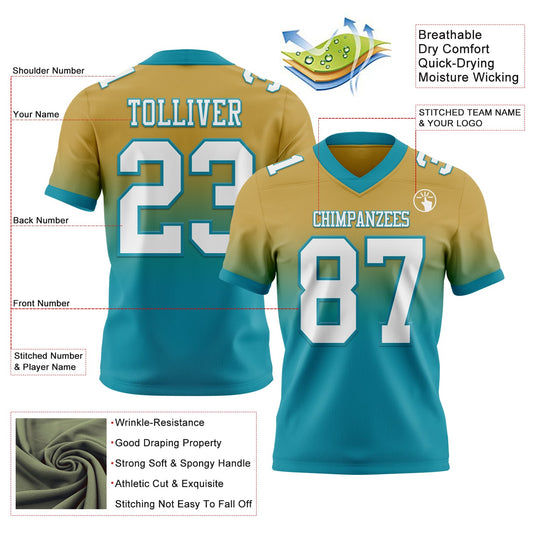 Custom Old Gold White-Teal Mesh Authentic Fade Fashion Football Jersey - Sky-Custom