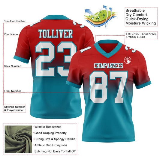 Custom Red White-Teal Mesh Authentic Fade Fashion Football Jersey - Sky-Custom