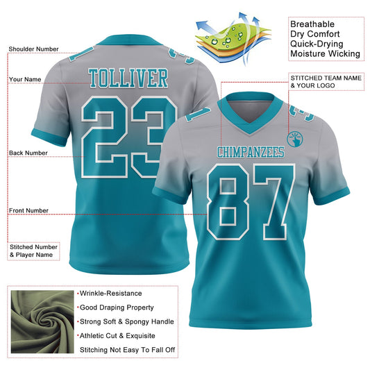 Custom Gray Teal-White Mesh Authentic Fade Fashion Football Jersey - Sky-Custom
