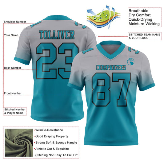 Custom Gray Teal-Black Mesh Authentic Fade Fashion Football Jersey - Sky-Custom