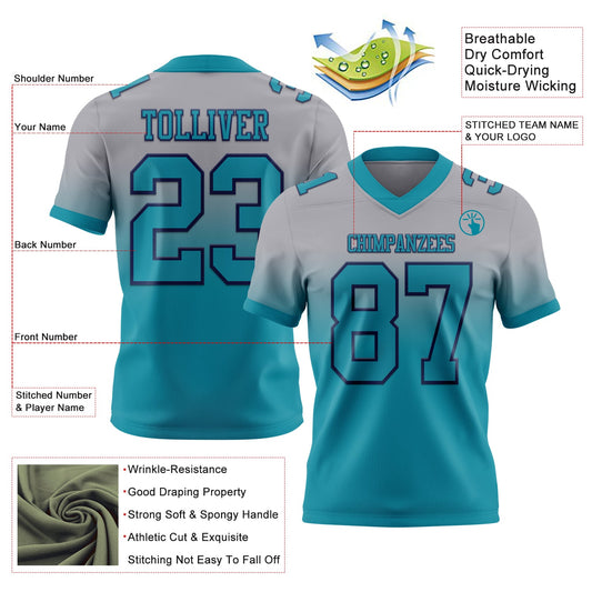 Custom Gray Teal-Navy Mesh Authentic Fade Fashion Football Jersey - Sky-Custom