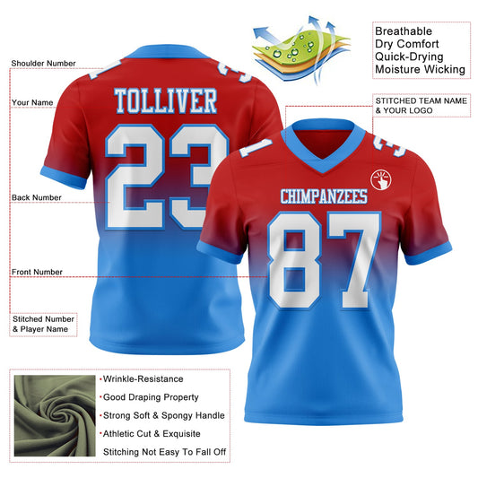 Custom Red White-Powder Blue Mesh Authentic Fade Fashion Football Jersey - Sky-Custom