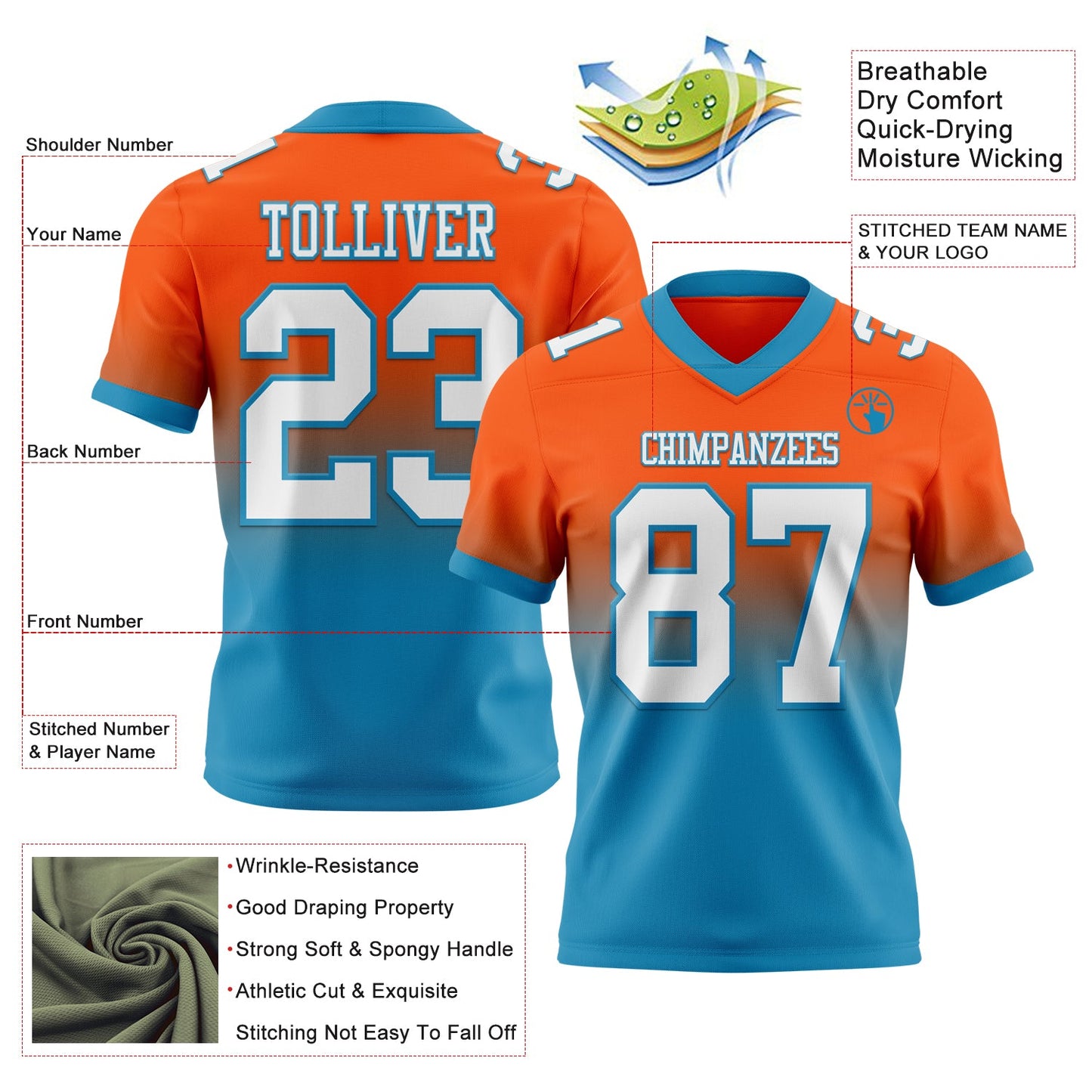 Custom Orange White-Panther Blue Mesh Authentic Fade Fashion Football Jersey - Sky-Custom