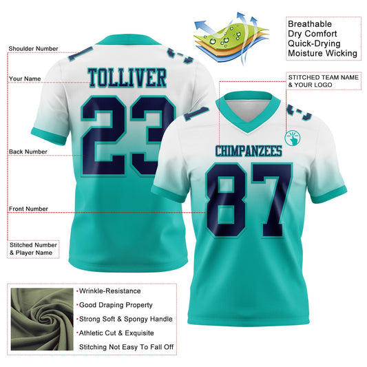 Custom White Navy-Aqua Mesh Authentic Fade Fashion Football Jersey - Sky-Custom