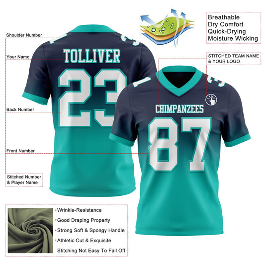 Custom Navy White-Aqua Mesh Authentic Fade Fashion Football Jersey - Sky-Custom
