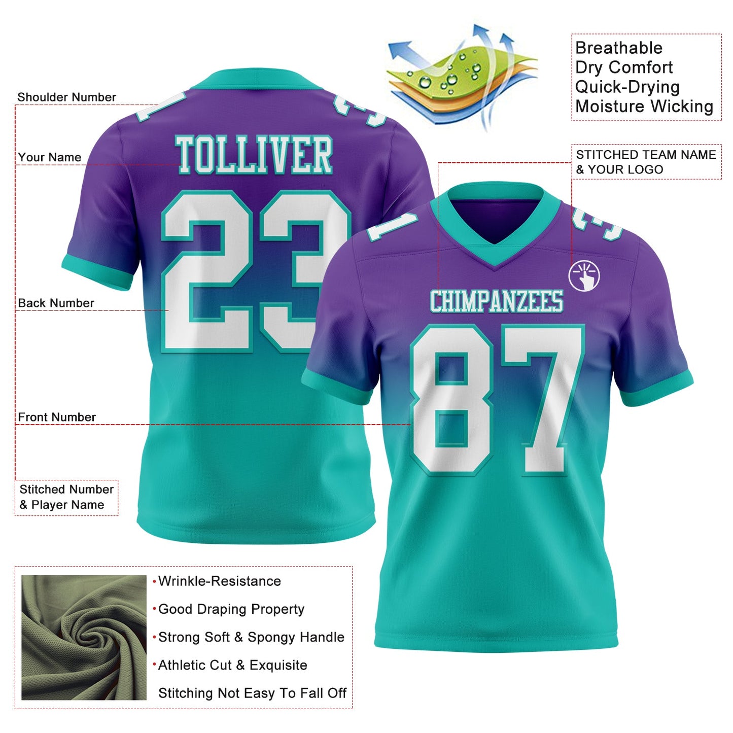 Custom Purple White-Aqua Mesh Authentic Fade Fashion Football Jersey - Sky-Custom