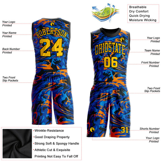 Custom Figure Gold-Royal Round Neck Sublimation Basketball Suit Jersey - Sky-Custom