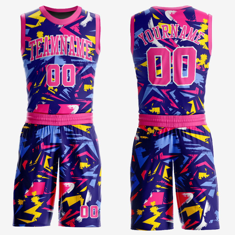 Custom Figure Pink-Gold Music Festival Round Neck Sublimation Basketball Suit Jersey - Sky-Custom