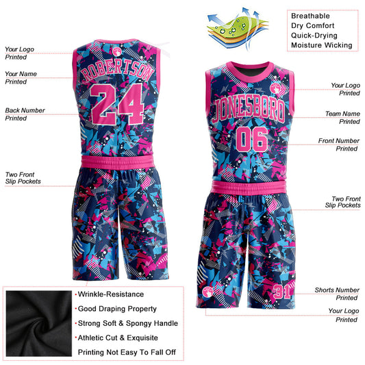 Custom Figure Pink-Light Blue Round Neck Sublimation Basketball Suit Jersey - Sky-Custom