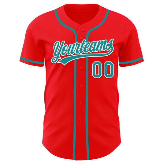 Custom Fire Red Teal-White Authentic Baseball Jersey - Sky-Custom
