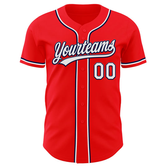 Custom Fire Red White-Navy Authentic Baseball Jersey - Sky-Custom