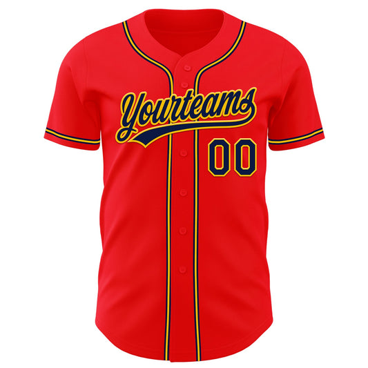 Custom Fire Red Navy-Yellow Authentic Baseball Jersey - Sky-Custom