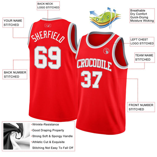 Custom Fire Red White-Gray Authentic Basketball Jersey - Sky-Custom