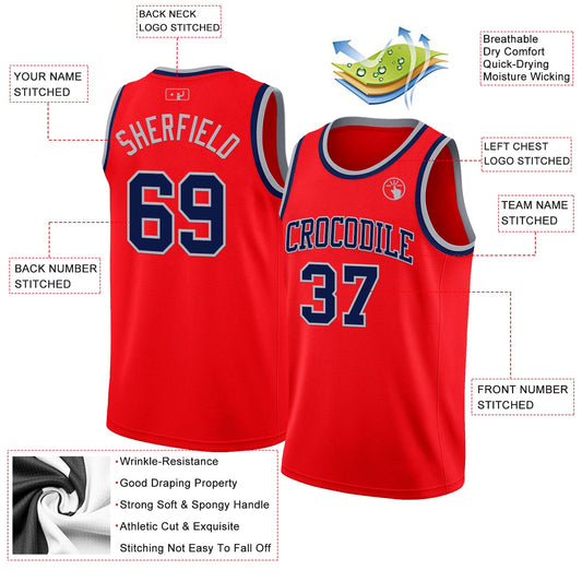 Custom Fire Red Navy-Gray Authentic Basketball Jersey - Sky-Custom