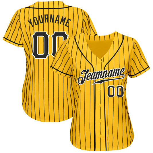 Custom Yellow Black Pinstripe Black-White Authentic Baseball Jersey - Sky-Custom