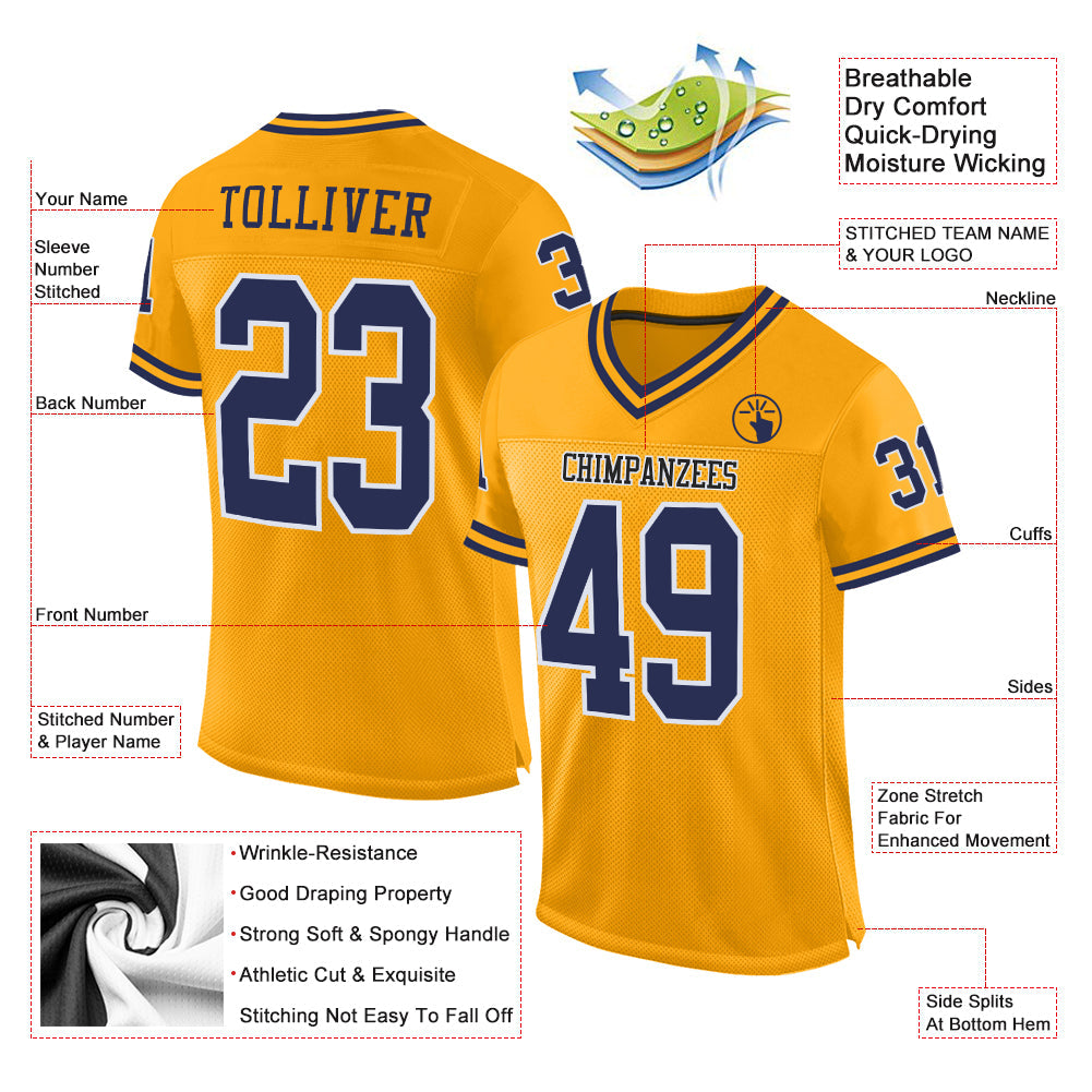 Custom Gold Navy-White Mesh Authentic Throwback Football Jersey - Sky-Custom