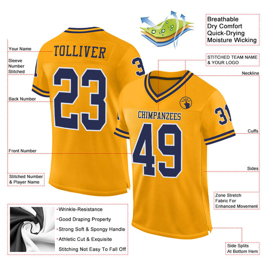 Custom Gold Navy-White Mesh Authentic Throwback Football Jersey - Sky-Custom