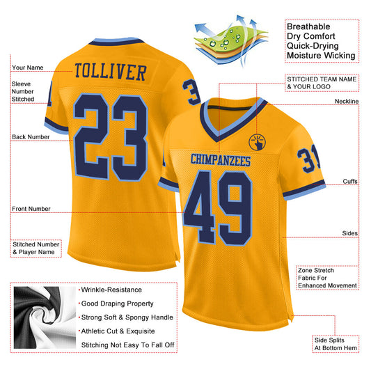 Custom Gold Navy-Light Blue Mesh Authentic Throwback Football Jersey - Sky-Custom