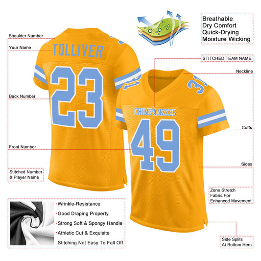 Custom Gold Light Blue-White Mesh Authentic Football Jersey - Sky-Custom