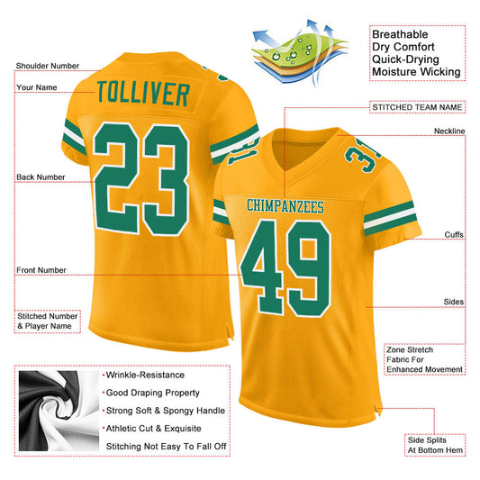 Custom Gold Kelly Green-White Mesh Authentic Football Jersey - Sky-Custom