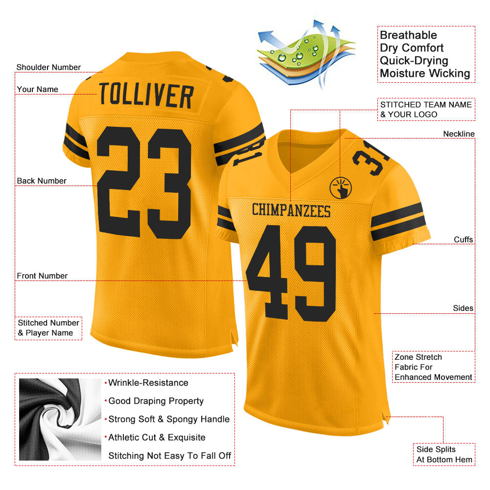 Custom Gold Black Mesh Authentic Football Jersey - Sky-Custom