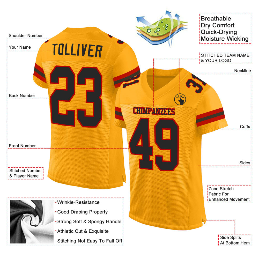 Custom Gold Black-Red Mesh Authentic Football Jersey - Sky-Custom