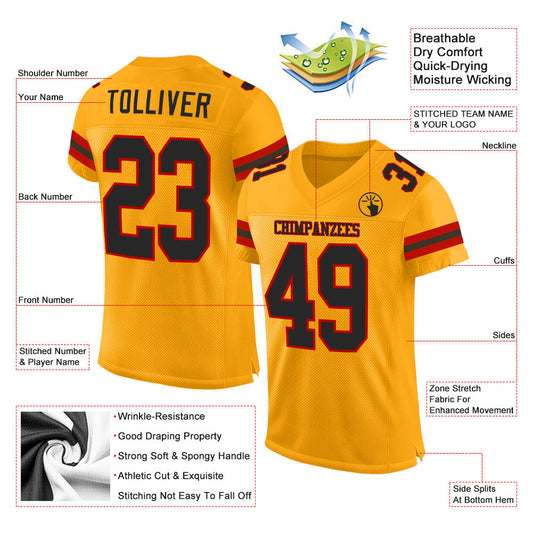 Custom Gold Black-Red Mesh Authentic Football Jersey - Sky-Custom