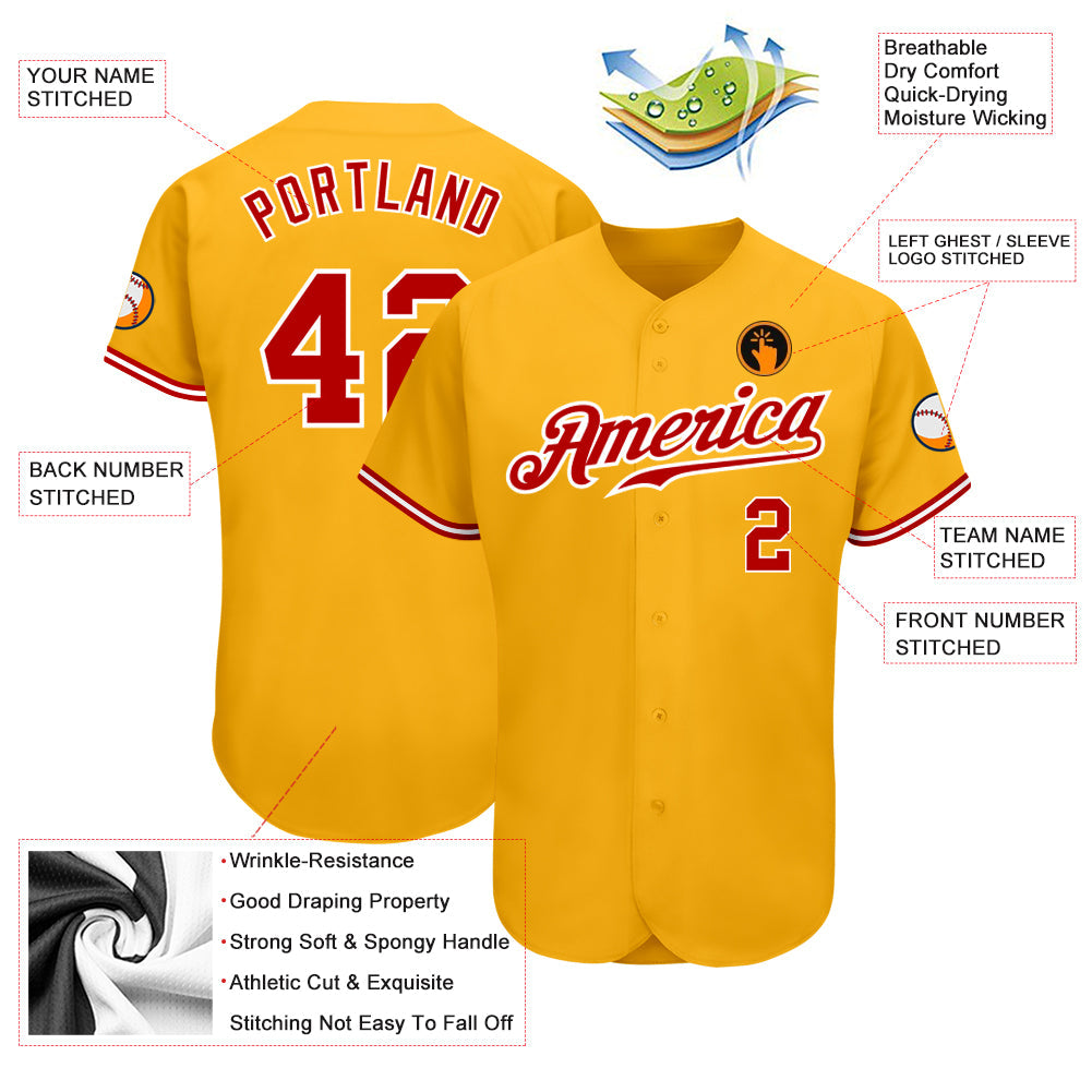 Custom Gold Red-White Authentic Baseball Jersey - Sky-Custom