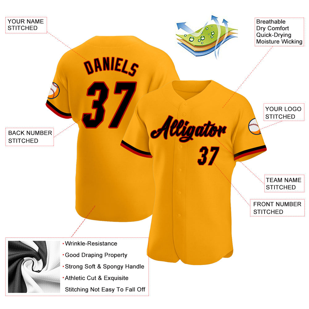 Custom Gold Black-Red Authentic Baseball Jersey - Sky-Custom