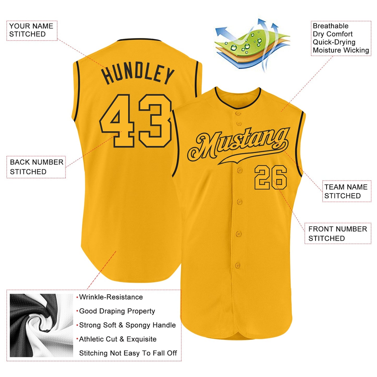 Custom Gold Gold-Black Authentic Sleeveless Baseball Jersey - Sky-Custom