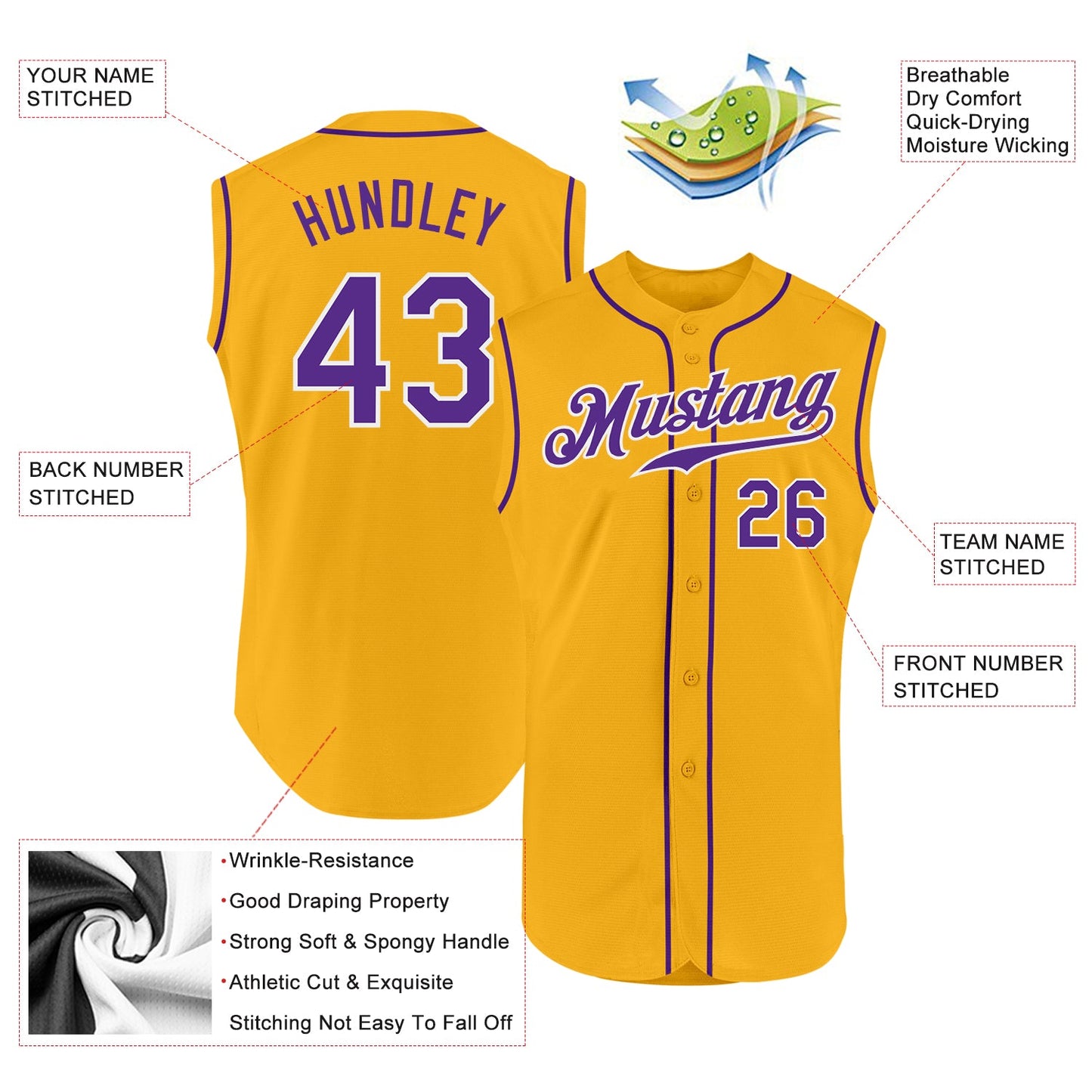 Custom Gold Purple-White Authentic Sleeveless Baseball Jersey - Sky-Custom