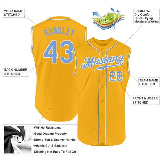 Custom Gold Light Blue-White Authentic Sleeveless Baseball Jersey - Sky-Custom