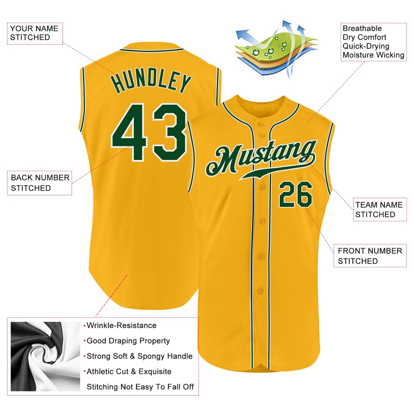 Custom Gold Green-White Authentic Sleeveless Baseball Jersey - Sky-Custom