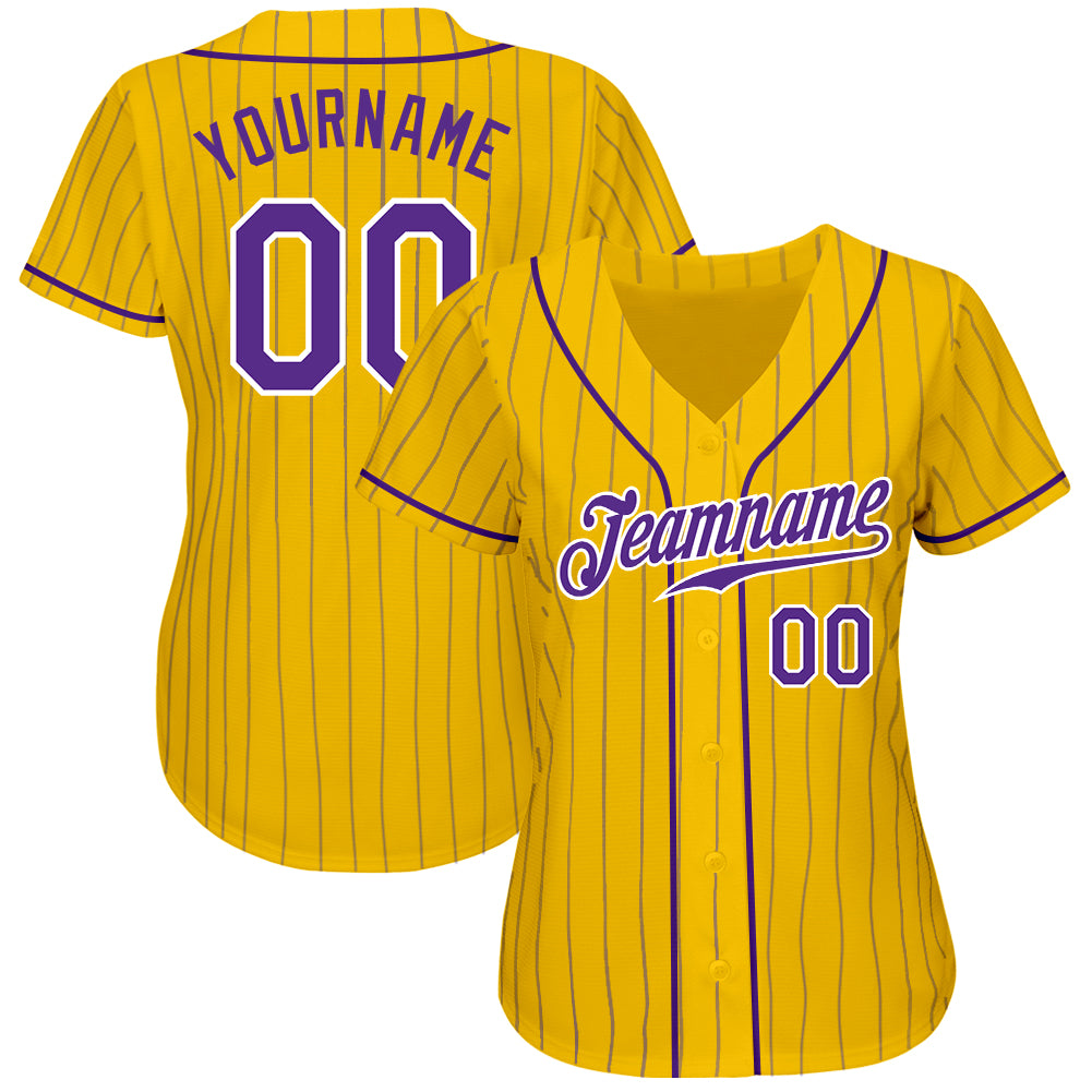 Custom Yellow Purple Pinstripe Purple-White Authentic Baseball Jersey - Sky-Custom