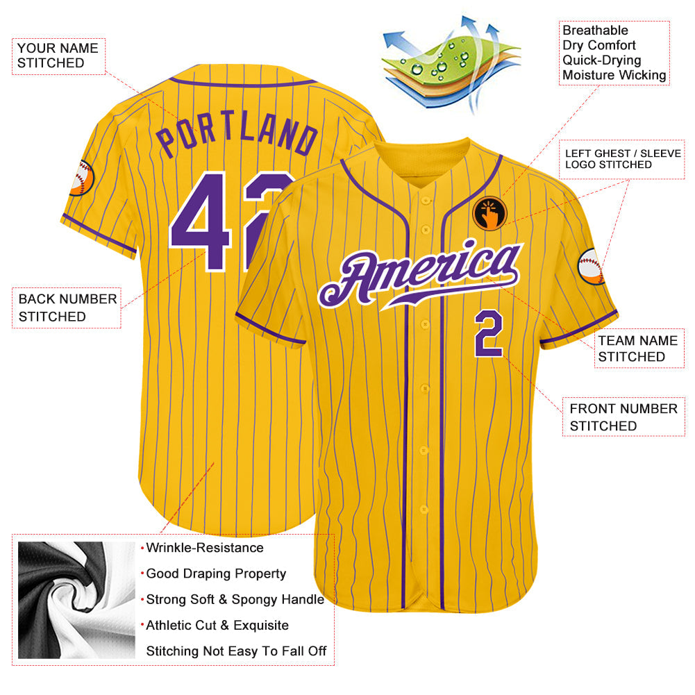 Custom Yellow Purple Pinstripe Purple-White Authentic Baseball Jersey - Sky-Custom