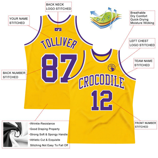 Custom Gold Purple-White Authentic Throwback Basketball Jersey - Sky-Custom